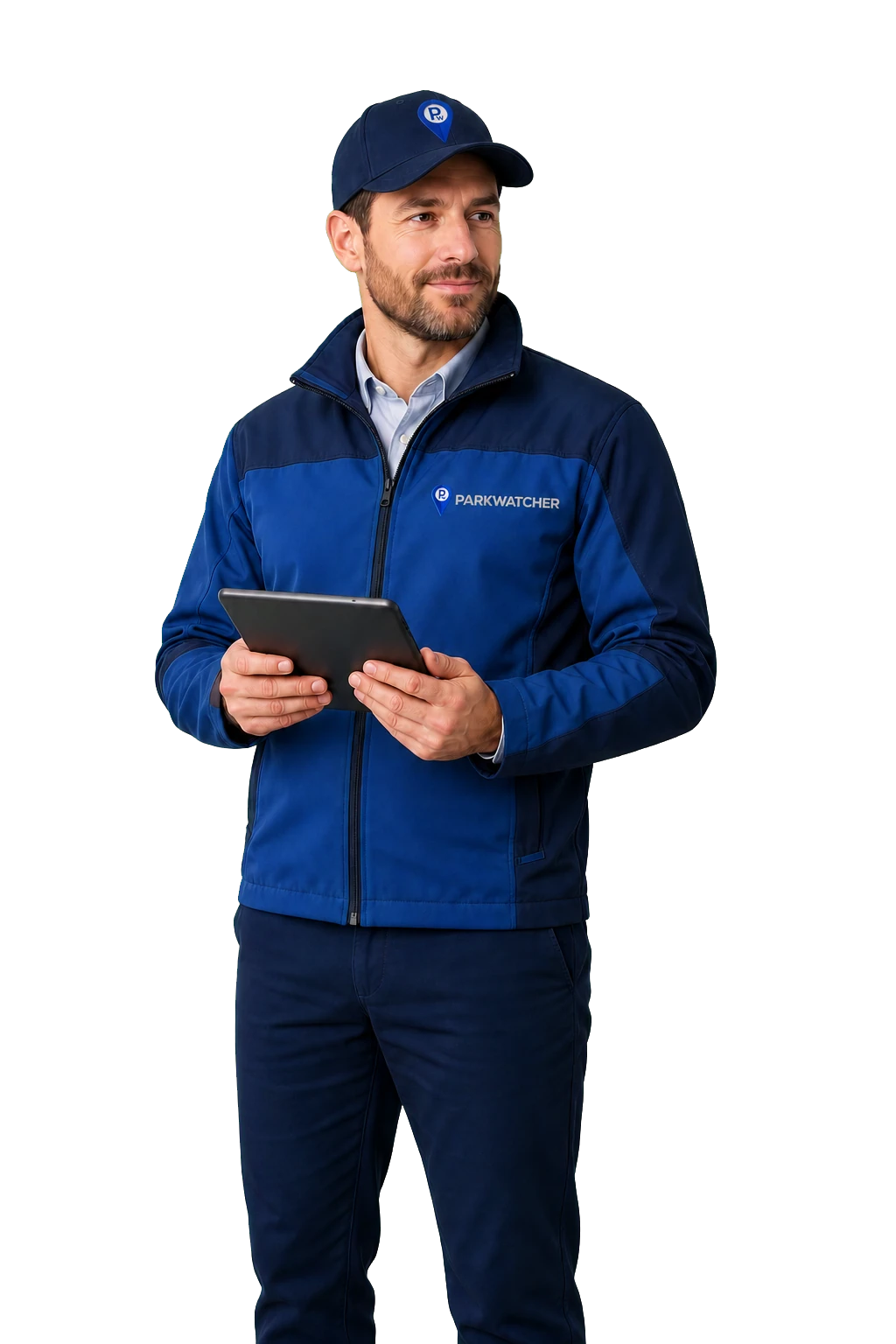 Parkwatcher-Parkraumkontrolleur mit Tablet und gebrandeter Arbeitskleidung